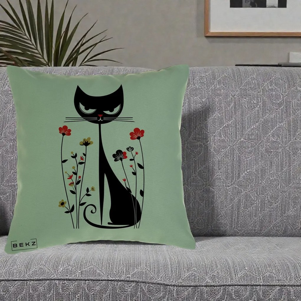 Perna Decorativa Pisica Neagra Grafica Flori Rosii, 40x40 cm, Verde, Husa Detasabila, Perna Inclusa, BEKZ®