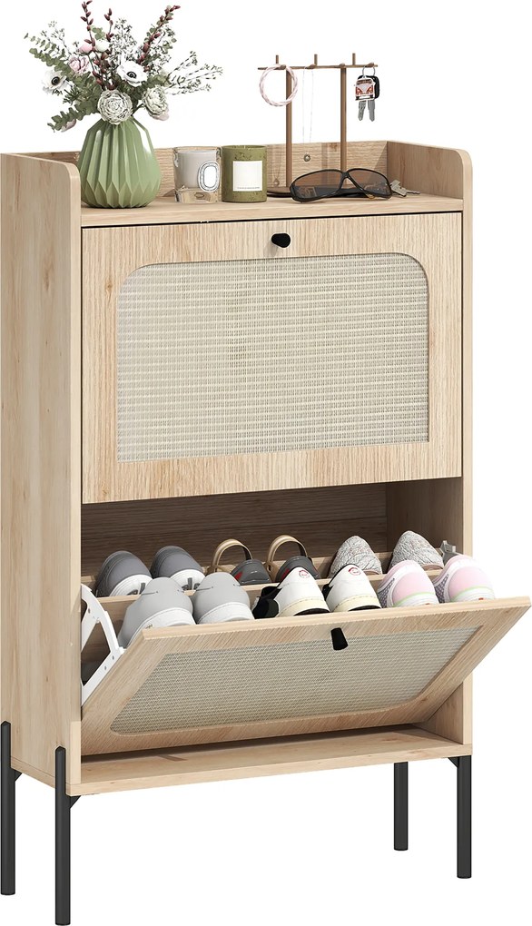 HOMCOM Dulap pentru încălțăminte 12 perechi, dulap cu 2 sertare rabatabile, uși din ratan și polițe reglabile, stejar | Aosom Romania