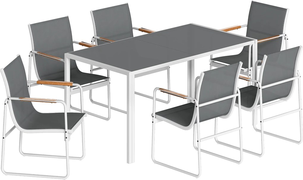 Outsunny Set masă și scaune pentru grădină cu masă din sticlă securizată și 6 scaune respirabile pentru terasă/patio Alb și Gri | Aosom Romania
