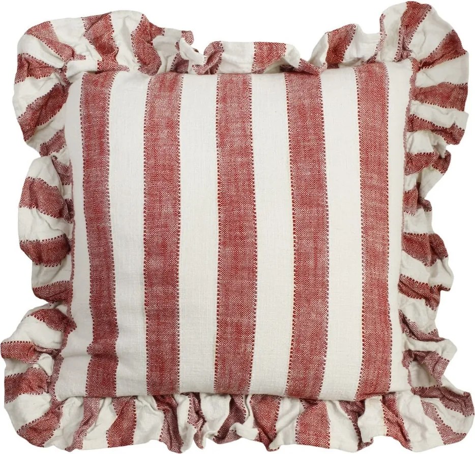 Față de pernă din bumbac organic, rosu și alb, model în dungi cu volănaș decorativ, 45 × 45 cm, „Ida Stripe"