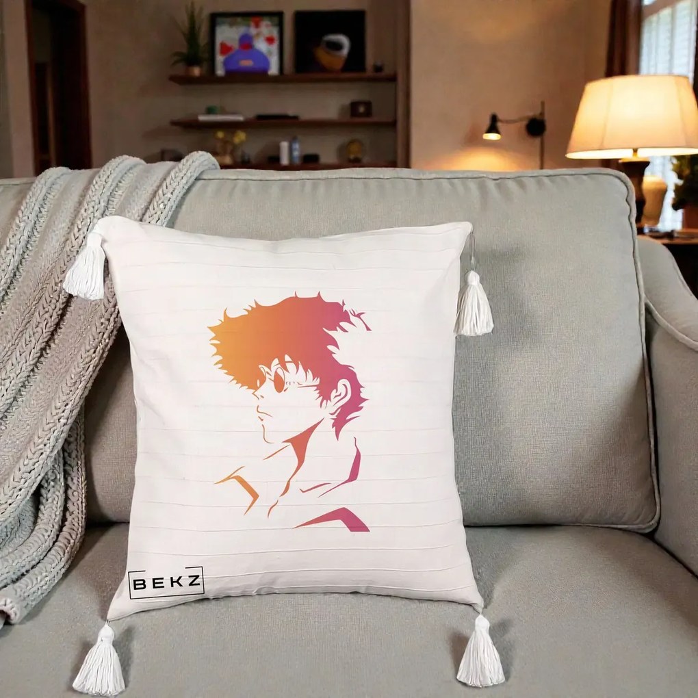 Perna Decorativa Cowboy Bebop Spike Silueta Gradient, 40x40 cm, Bej cu Franjuri, Husa Detasabila, Perna Inclusa, BEKZ®