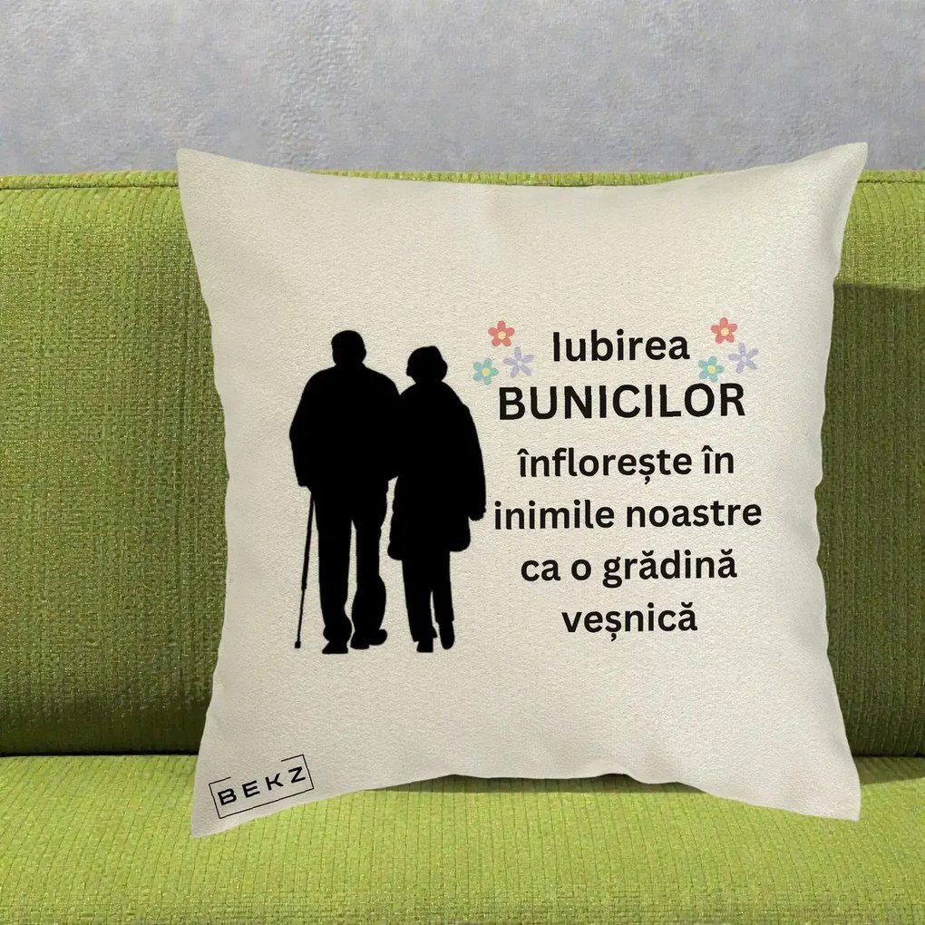 Cadou pentru Bunici - Perna Personalizata Bunicii Iubirea Infloreste Silueta Neagra Flori, 40x40 cm, Ecru, Husa Detasabila, Perna Inclusa, BEKZ®