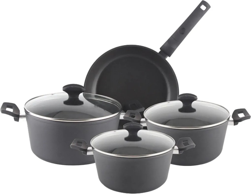 Set oale aluminiu 7 piese Zilan ZLN3277, Strat interior neaderent, Manere ebonita, Capace sticla termorezistenta