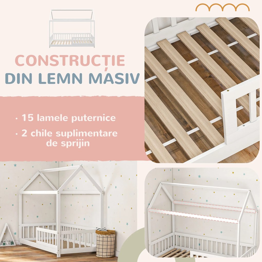 HOMCOM Pat Montessori pentru Copii în Formă de Căsuță cu 15 Șipci și Bariere de Protecție, 96x195x165 cm, Alb | Aosom Romania