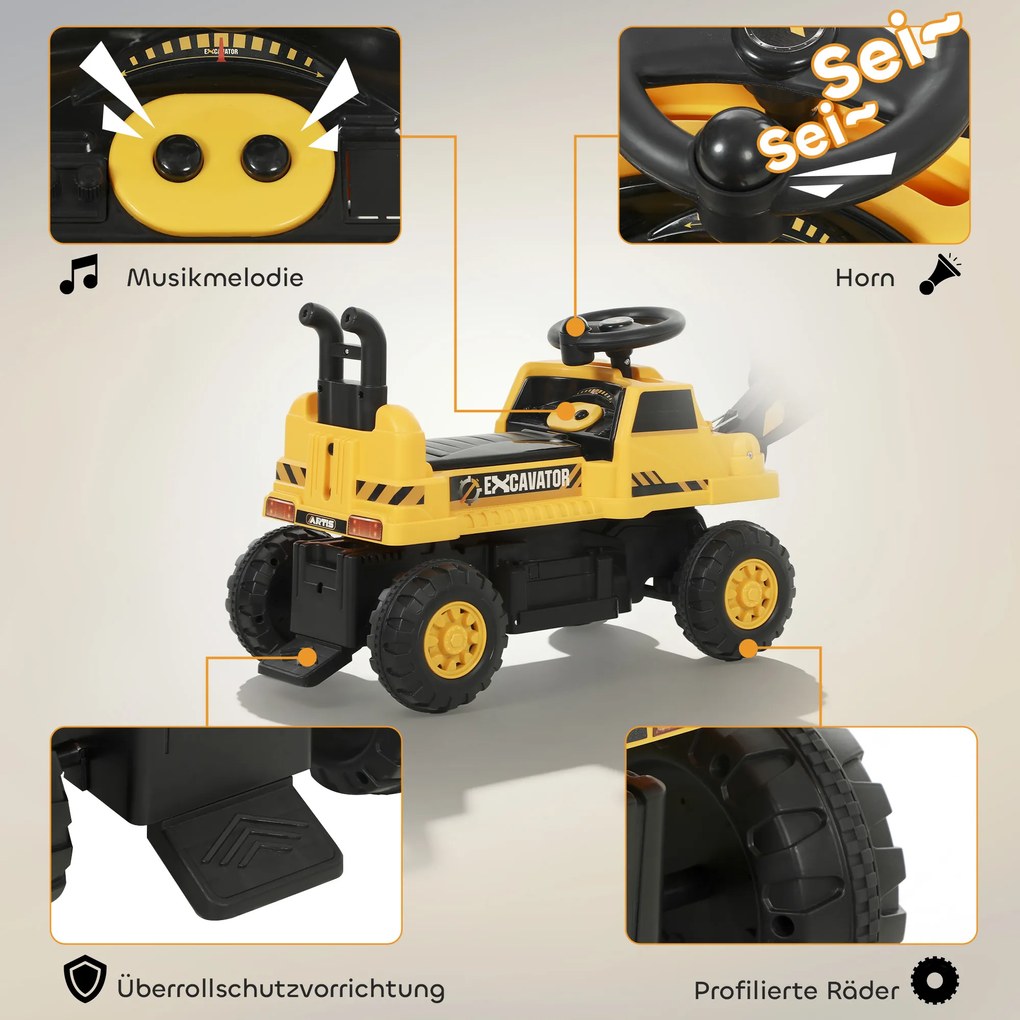 AIYAPLAY Excavator pentru șezut cu lopată și volan, caroserie rotativă, spătar reglabil pentru copii 1,5-3 ani, Galben | Aosom Romania