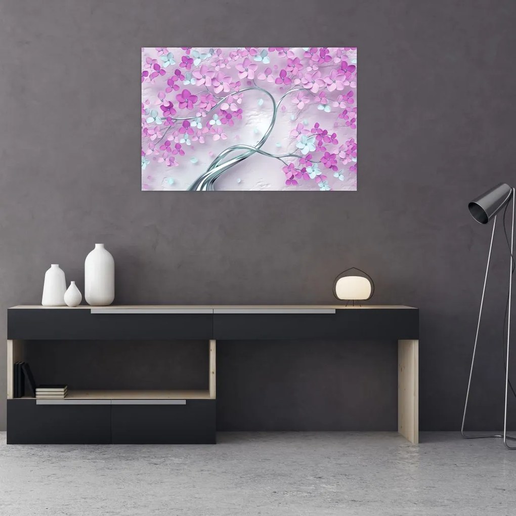 Tablouri cu flori pe trunchi argintiu - abstract (90x60 cm)