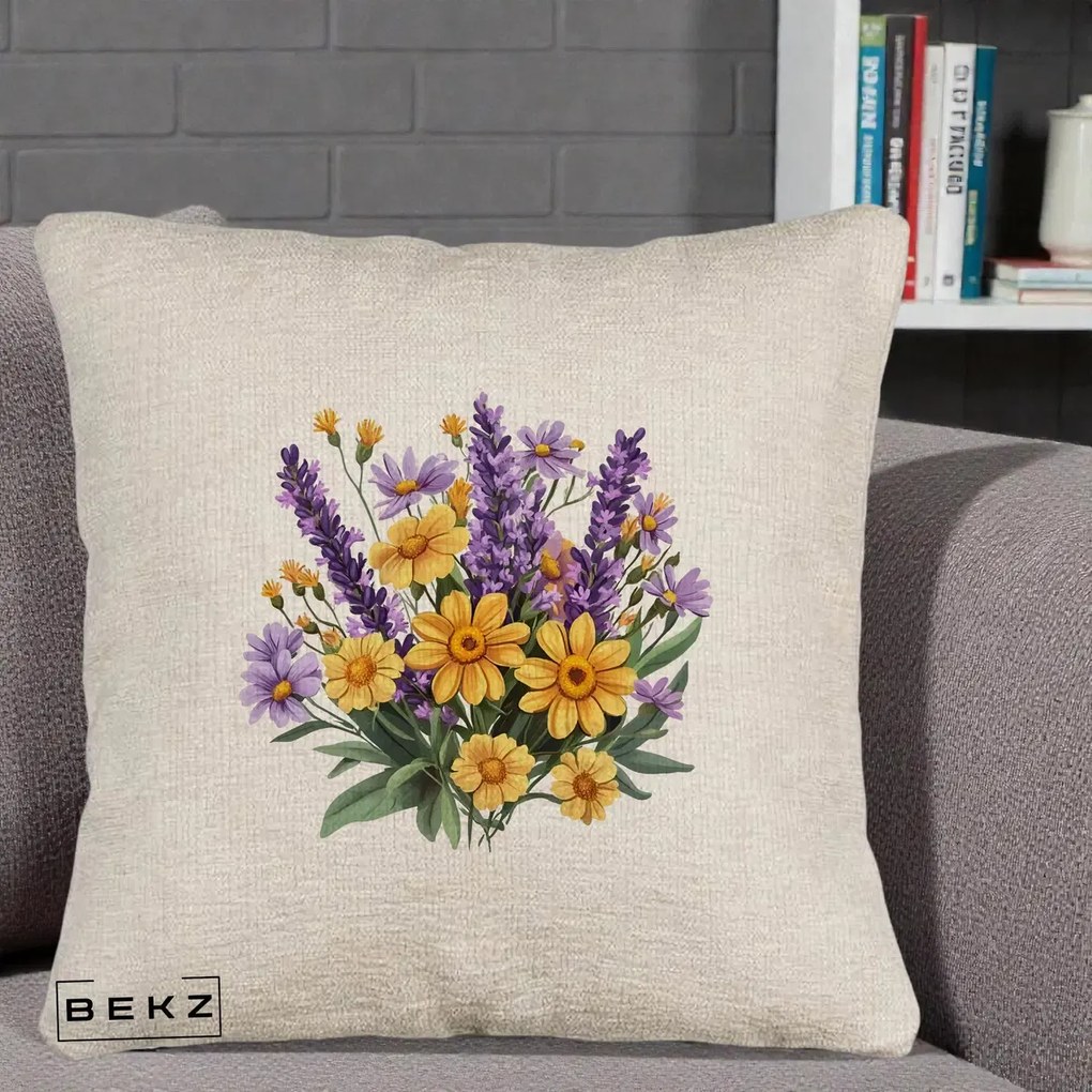 Perna Decorativa Lavanda cu Margarete Galbene si Lila, 40x40 cm, Bej Canapea, Husa Detasabila, Perna Inclusa, BEKZ®