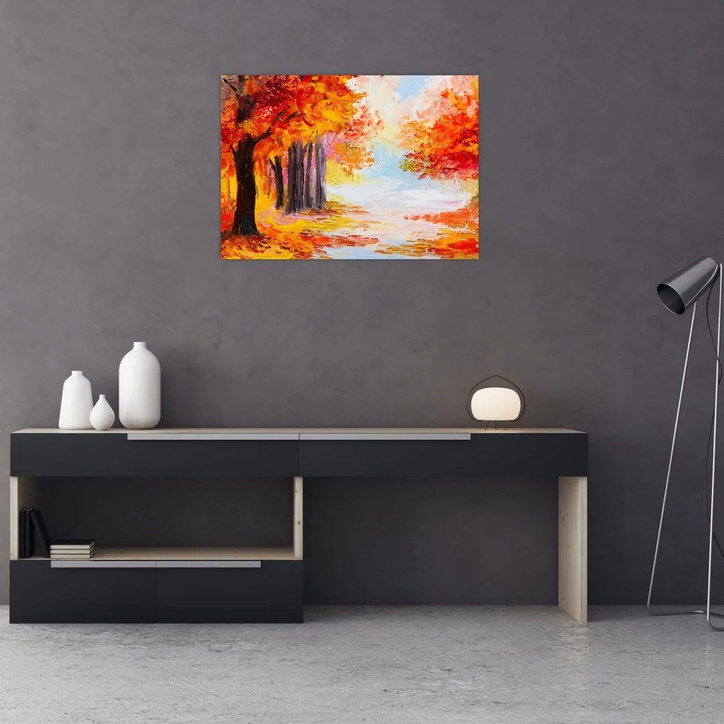 Tablou pe sticlă - Pictura, toamna colorată (70x50 cm)