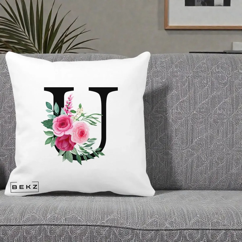 Cadou Personalizat - Perna Personalizata Monograma Florala Litera U, 40x40 cm, Alba Mata, Husa Detasabila, Perna Inclusa, BEKZ®