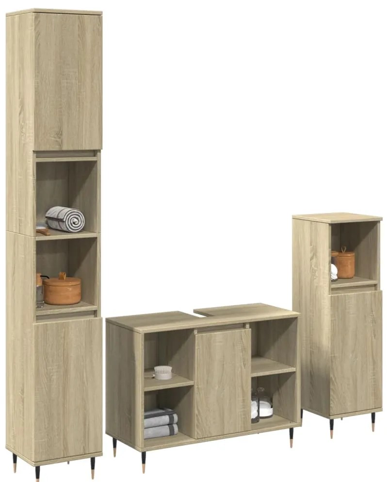 vidaXL Set mobilier de baie, 3 piese, stejar sonoma, lemn prelucrat