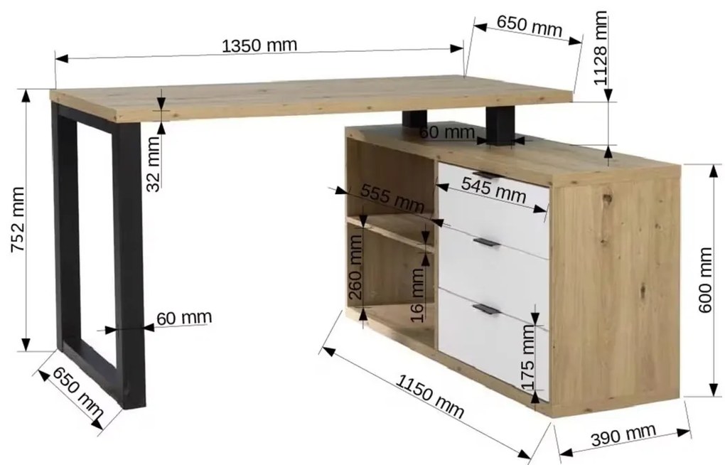 Birou pe colt , 135cm x 115 cm, picior metalic, 3 sertare,raft , stejar artian alb negru, blat gros 32 mm,canturi abs stejar artisan  alb negru, pe