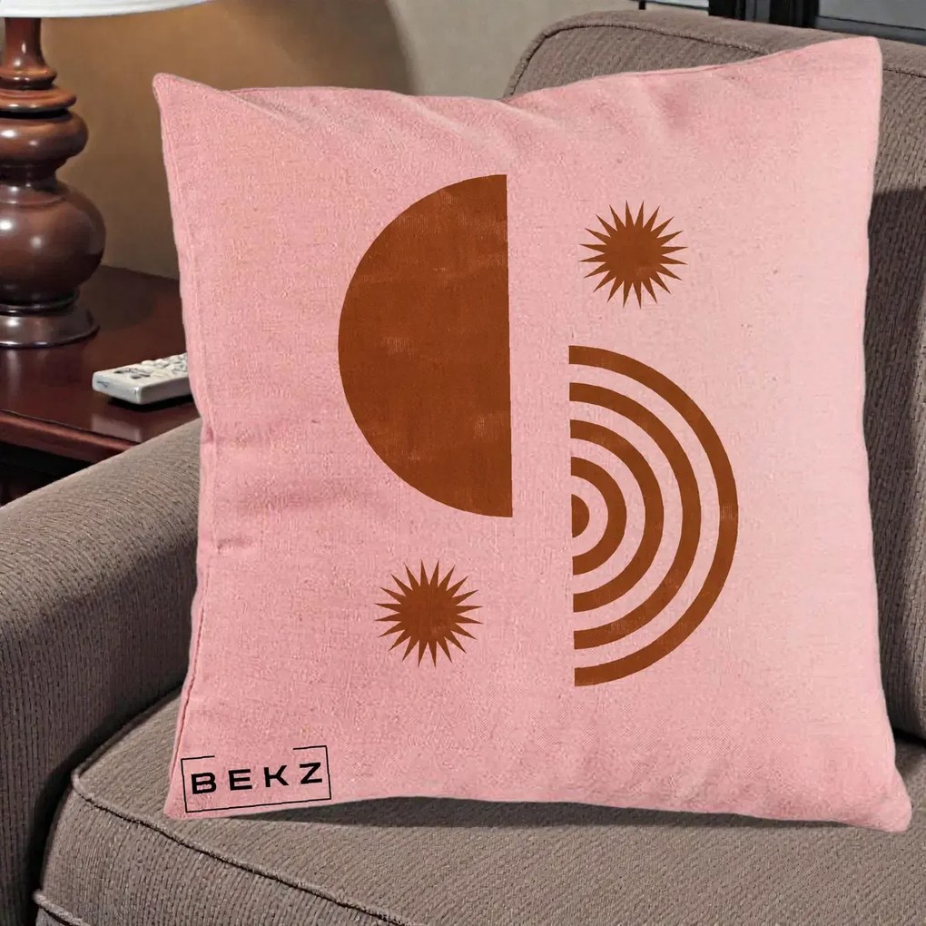 Perna Decorativa Boho Sun si Spirala, 40x40 cm, Roz, Husa Detasabila, Perna Inclusa, BEKZ®
