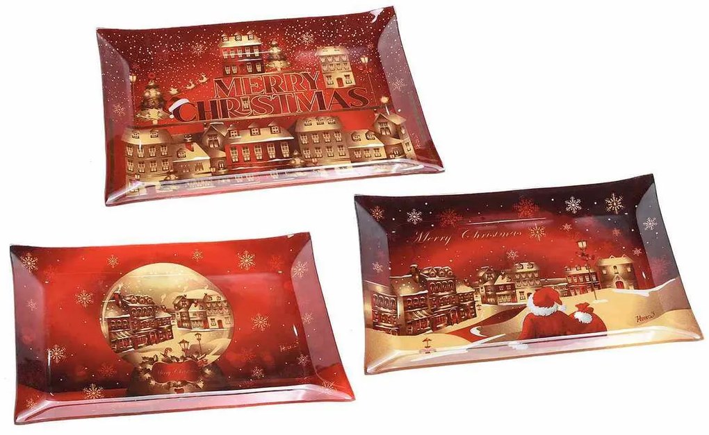 Set 3 platouri sticla christmas village 30x20 cm