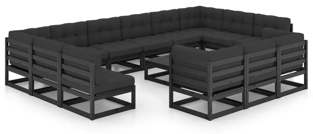 3077293 vidaXL Set mobilier grădină cu perne, 14 piese, negru, lemn masiv pin