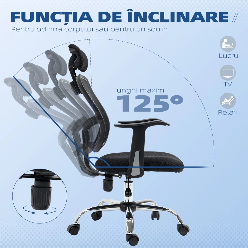 Vinsetto Scaun de Birou Ergonomic și Reglabil cu Tetieră, Negru | Aosom Romania