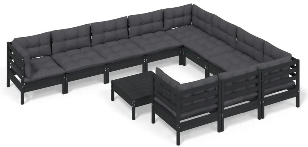 3097005 vidaXL Set mobilier grădină cu perne, 11 piese, negru, lemn de pin