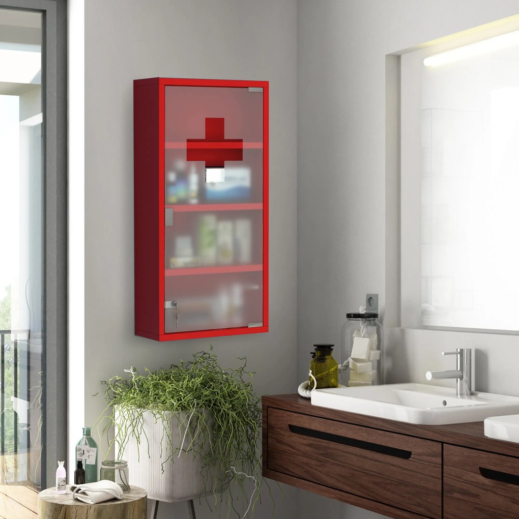 HOMCOM Dulap Prim Ajutor Montabil Perete, Cutie Medicamente, 60x30x12 cm, Roșu | Aosom Romania
