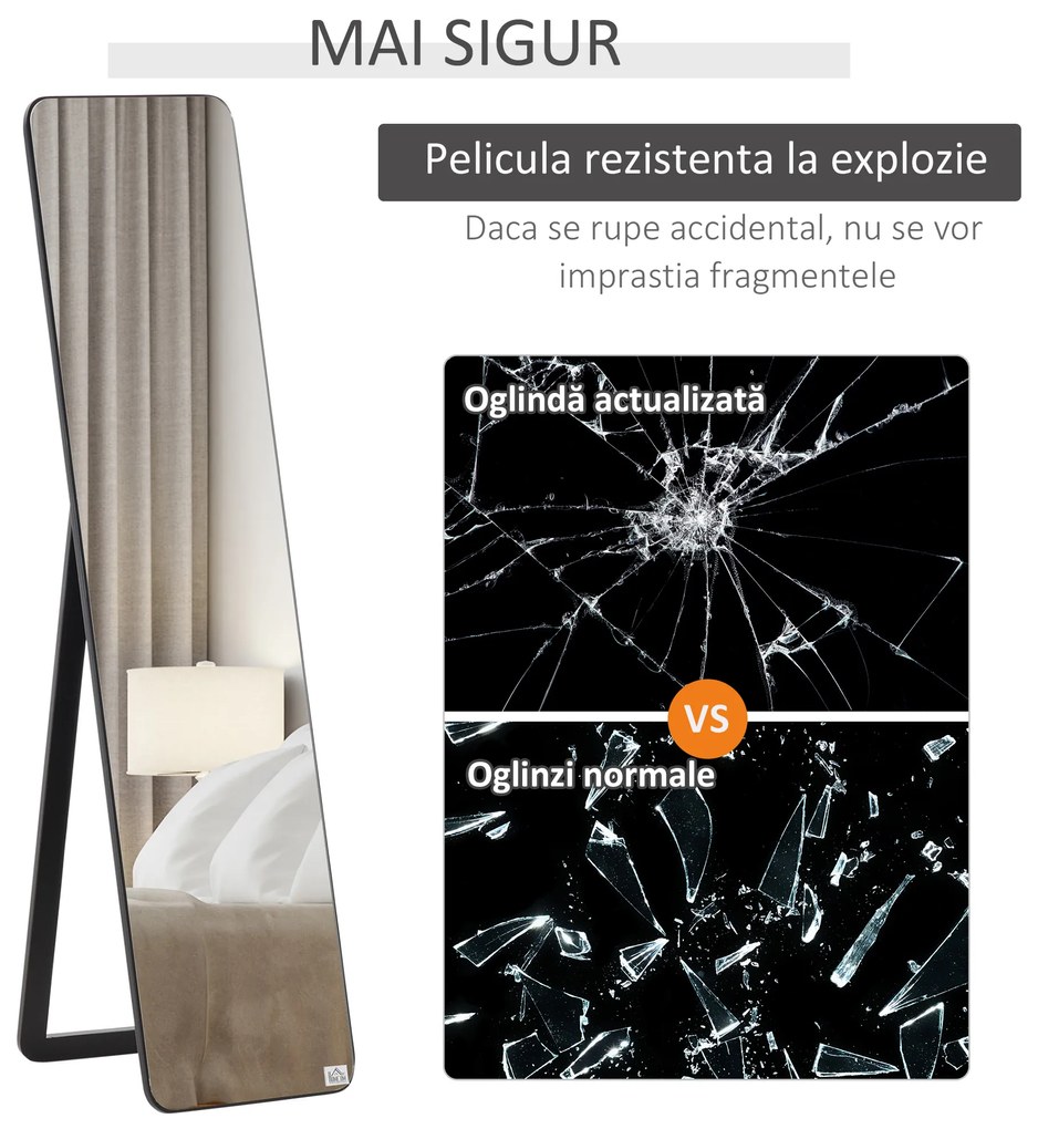 HOMCOM Oglindă de Podea sau Perete cu Cadru din Lemn, Oglindă cu Suport, Pliabil cu Balama, 37x43x156 cm, Nuc | Aosom Romania