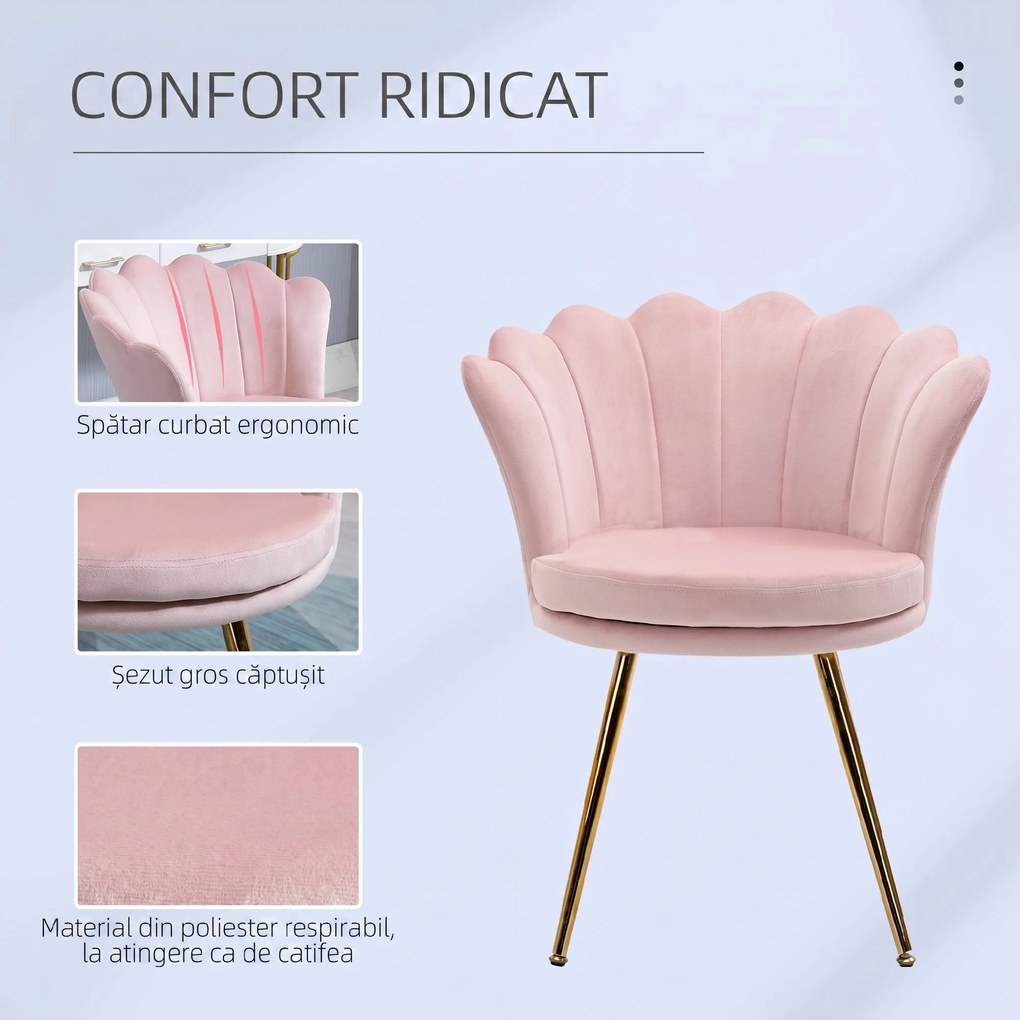 HOMCOM Scaun Imbottit Tip Scoică din Catifea, Scaunel Vintage cu Picioare Aurite, Scaun de Machiaj pentru Cameră și Sufragerie, Roz | Aosom Romania