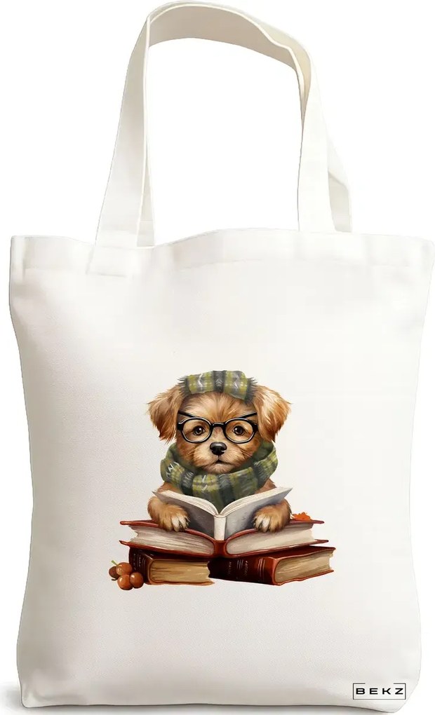 Sacosa de Panza pentru Cumparaturi, Geanta Tote, model Reading puppy 11 38 x 34.5 cm, Alba, BEKZ®