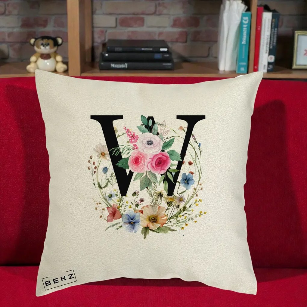 Cadou Personalizat - Perna Personalizata Monograma Florala Litera W, 40x40 cm, Ecru, Husa Detasabila, Perna Inclusa, BEKZ®