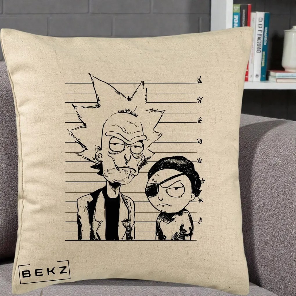 Perna Personalizata Rick si Morty Dosar, 40x40 cm, Bej, Husa Detasabila, Perna Inclusa, BEKZ®