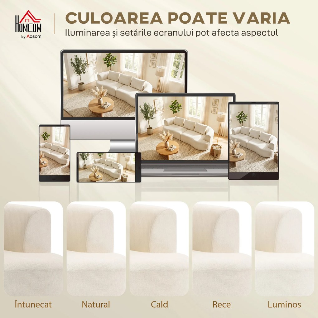 HOMCOM Canapea 3 Locuri Modulară 260cm Fără Structură cu Șezut Generos, Pernă Groasă, 3 Perne, din Catifea, Crem | Aosom Romania