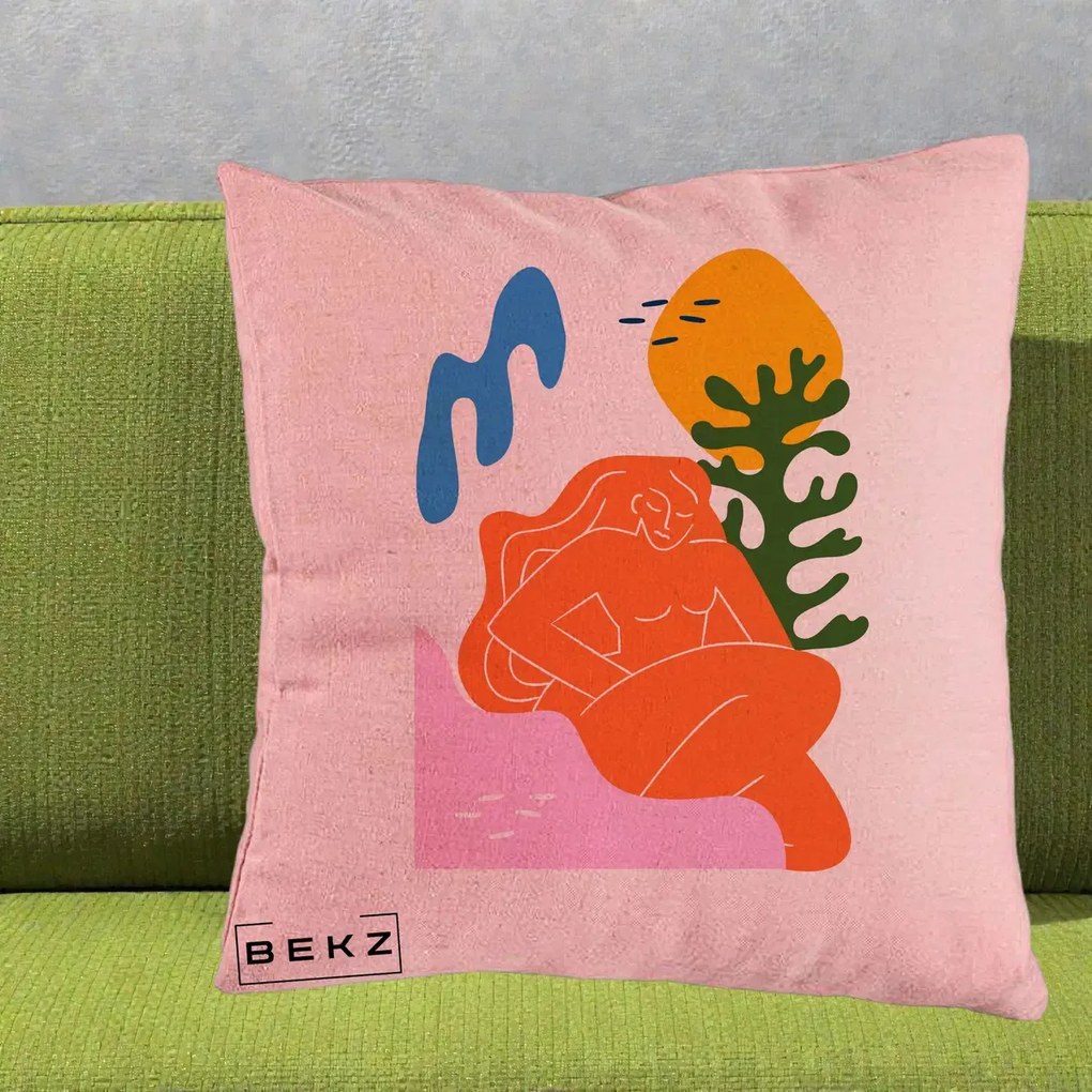 Perna Decorativa Femeie Portocalie Relaxata, 40x40 cm, Roz, Husa Detasabila, Perna Inclusa, BEKZ®