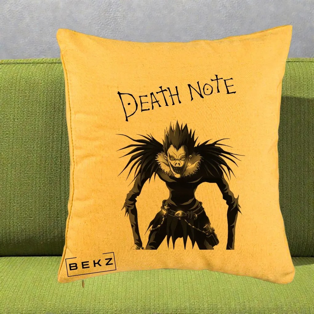 Perna Personalizata Death Note Ryuk Shinigami Alb-Negru, 40x40 cm, Galben, Husa Detasabila, Perna Inclusa, BEKZ®