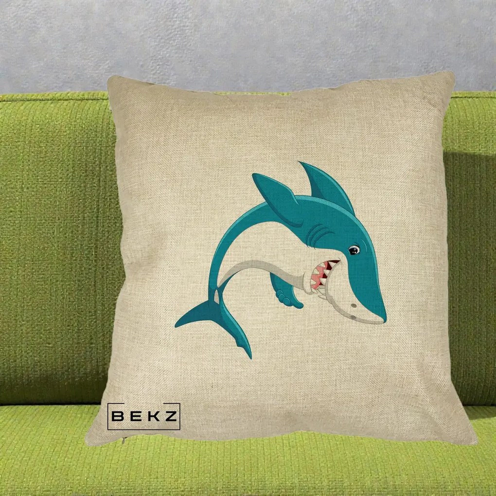Perna Decorativa Rechin Albastru Cartoon, 40x40 cm, Crem, Husa Detasabila, Perna Inclusa, BEKZ®
