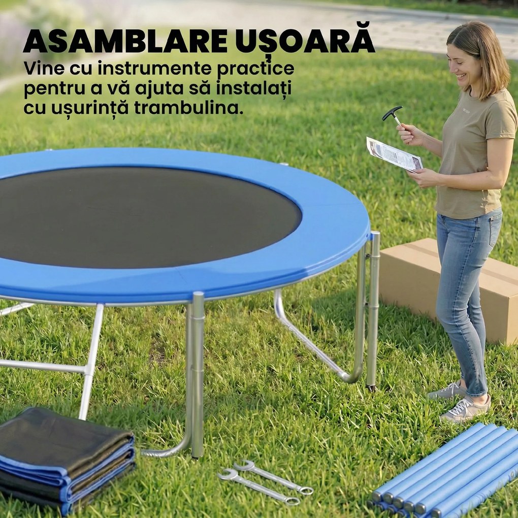 SPORTNOW Trambulină Elastică pentru Adulți Ø244cm, Covor Elastic pentru Adulți cu Plasă de Protecție, Scară cu 2 Trepte, Protecție pentru Arcuri, Structură din Oțel, Capacitate 100kg, Albastru | Aosom Romania
