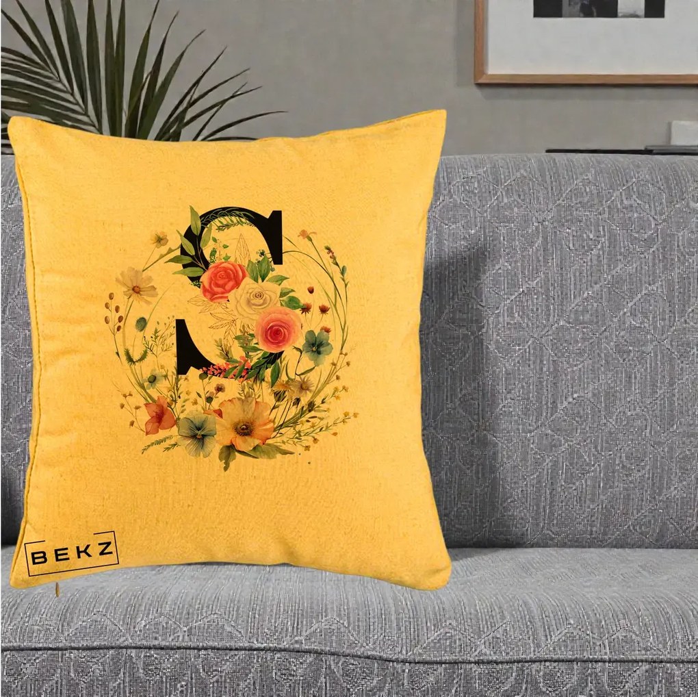 Cadou Personalizat - Perna Personalizata Monogram Litera S cu Flori Acuarela, 40x40 cm, Galben, Husa Detasabila, Perna Inclusa, BEKZ®