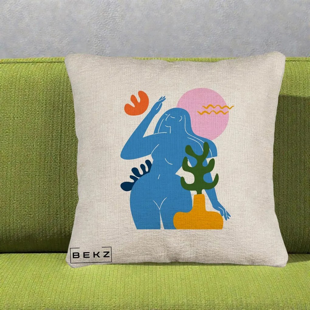 Perna Decorativa Femeie Albastra Cactus, 40x40 cm, Bej Canapea, Husa Detasabila, Perna Inclusa, BEKZ®