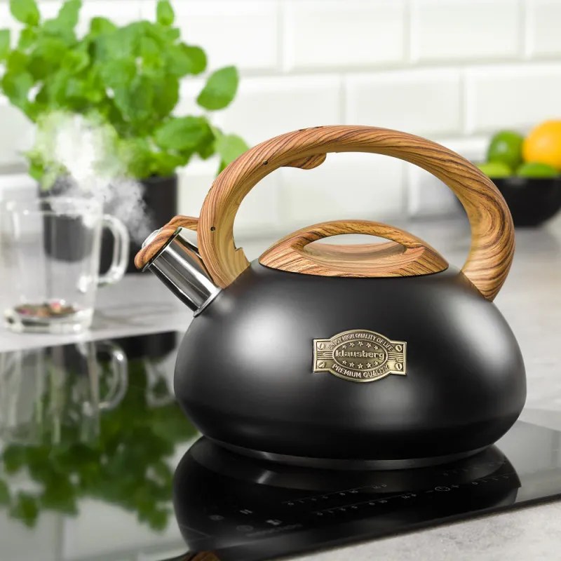 Ceainic cu fluier Klausberg KB 7565, 3 L, Baza groasa, Inductie, Negru/Maro