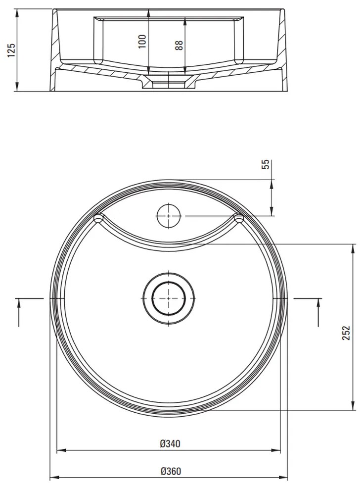 Lavoar pe blat compozit gri Deante Silia cu orificiu baterie, 36 cm Gri mat