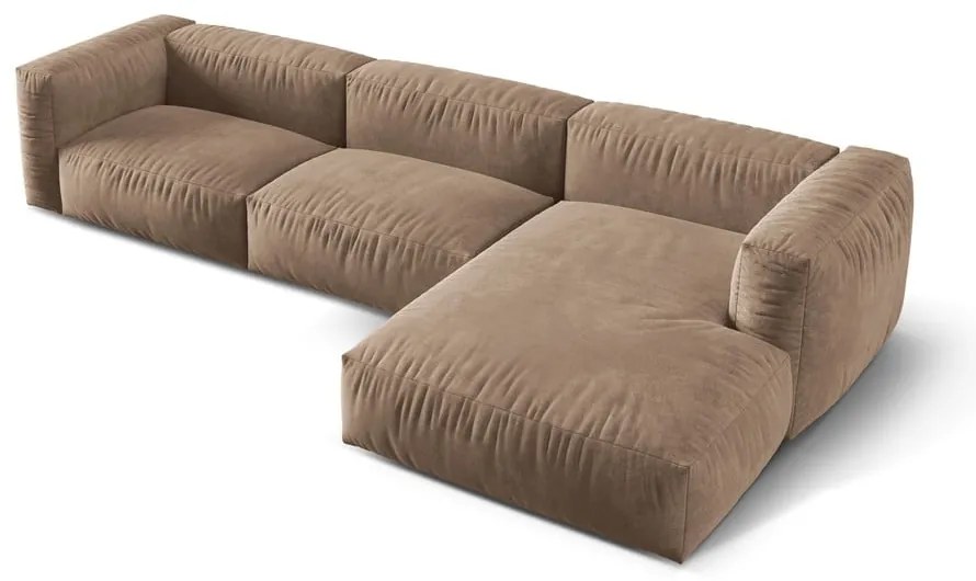 Colțar modular maro deschis cu tapițerie din catifea (cu colț pe partea dreaptă/cu șezlong) Martina – Micadoni