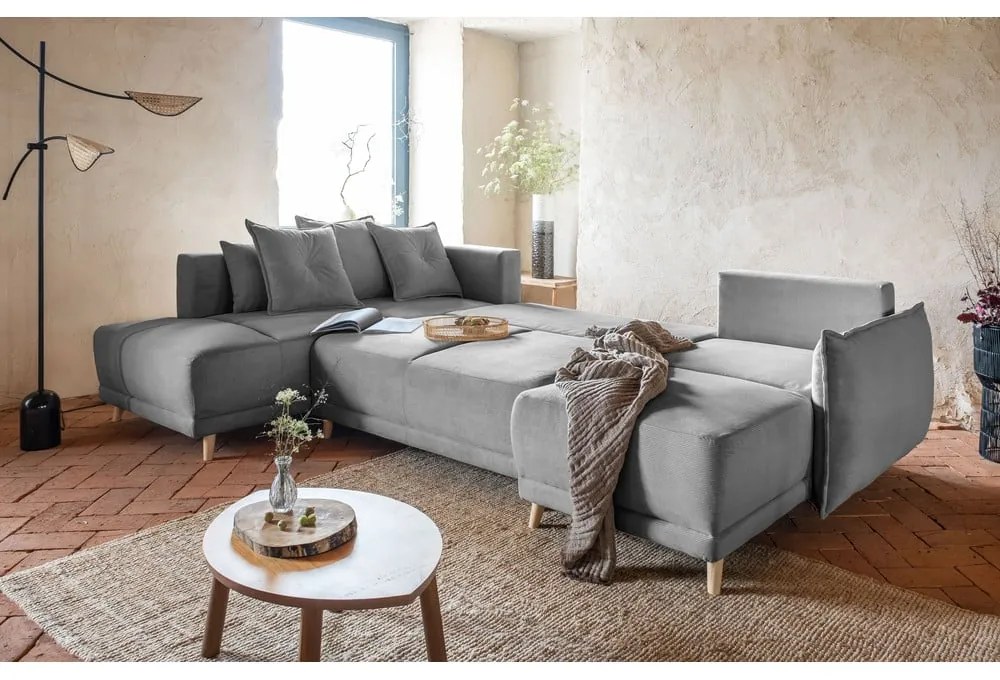 Colțar gri extensibil cu tapițerie din catifea reiată (colț stânga/în formă de "U") Lazy Lukka – Miuform