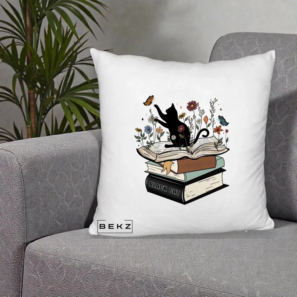 Perna Personalizata Pisica Neagra Carti Flori Fluturi, 40x40 cm, Alb Pufos, Husa Detasabila, Perna Inclusa, BEKZ®