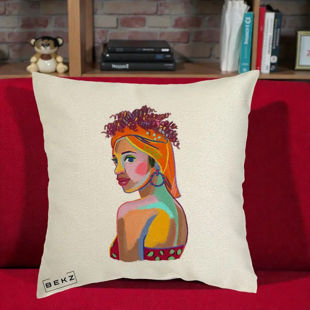 Perna Decorativa Portret Femeie Colorat Pop Art, 40x40 cm, Ecru, Husa Detasabila, Perna Inclusa, BEKZ®