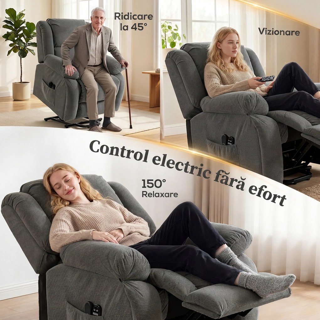 HOMCOM Fotoliu electric cu ridicare și reclinare 150°, masaj, încălzire, catifea, gri | Aosom Romania