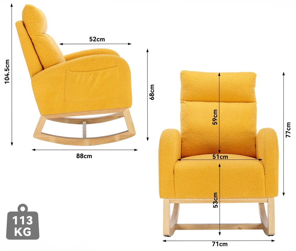 Scaun balansoar modern din material Teddy, cu șezut căptușit și buzunar lateral ascuns, pentru living și dormitor, 71x88x104,5 cm, Galben