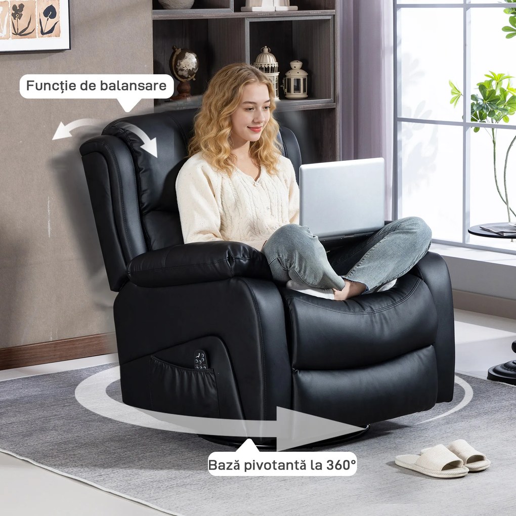 HOMCOM Fotoliu Relax Reclinabil cu 8 Puncte de Masaj și Încălzire, Negru | Aosom Romania
