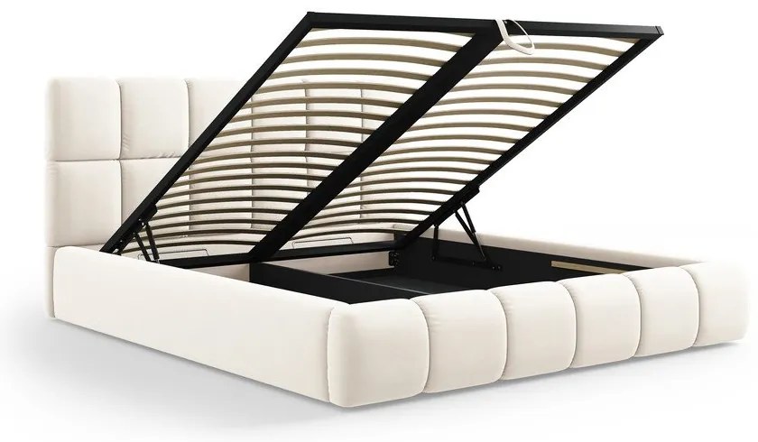 Pat matrimonial crem tapițat din catifea cu spațiu de depozitare cu somieră 140x200 cm Bellis – Micadoni
