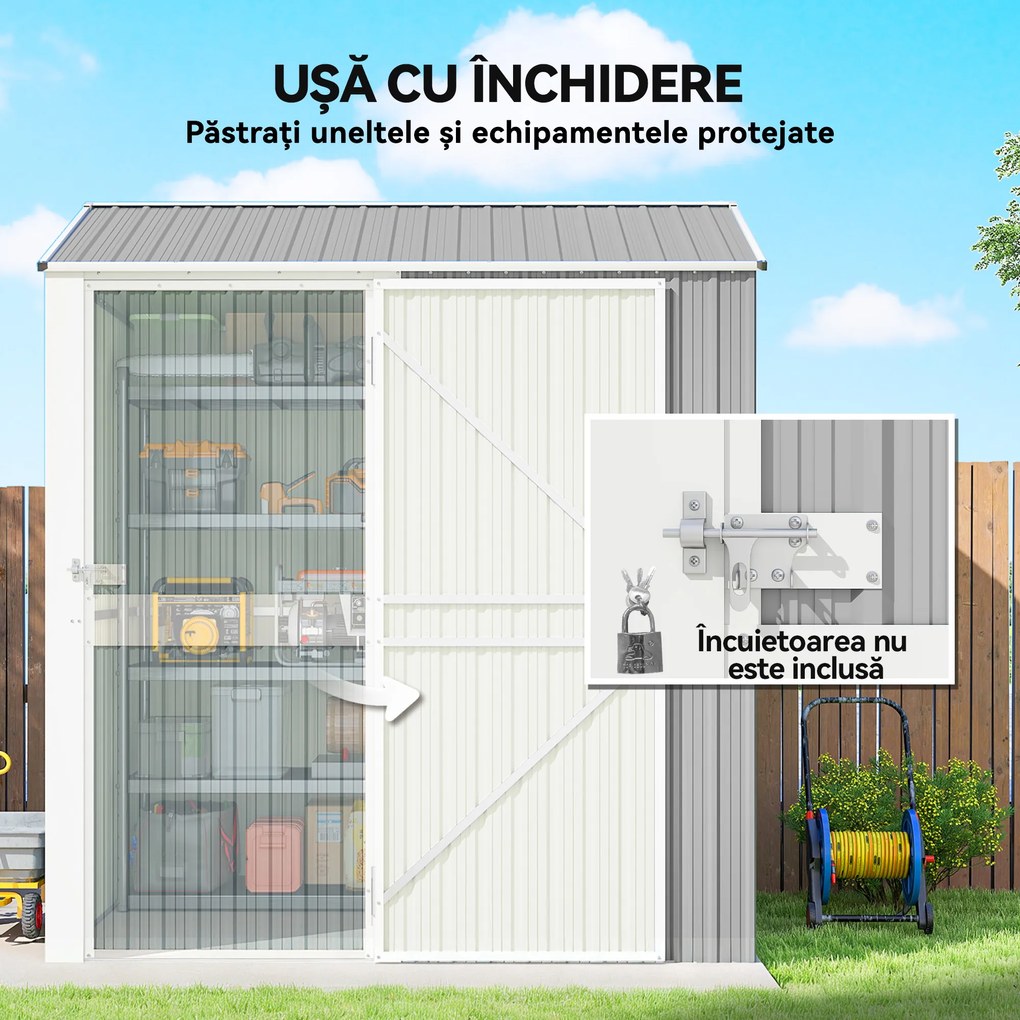 Outsunny Depozit de Grădină Înalt de 3.51m² din Oțel Galvanizat cu Guri de Ventilație, Căsuță de Grădină cu Ușă Blocabilă, Acoperiș Înclinat, Mănuși, Depozit pentru Unelte, 209x177x236 cm, Argintiu Gri | Aosom Romania