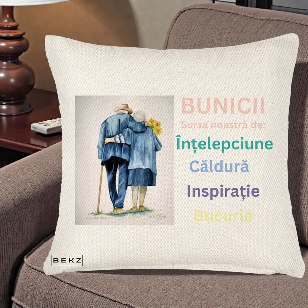 Cadou pentru Bunici - Perna Personalizata Bunicii Sursa Intelepciune Caldura Acuarela, 40x40 cm, Crem Reliefat, Husa Detasabila, Perna Inclusa, BEKZ®