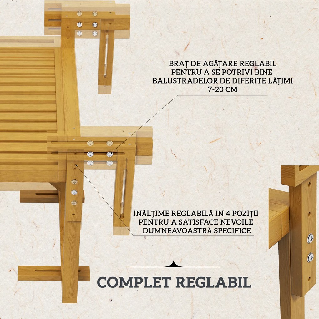 Outsunny Masă Suspendată de Exterior, Masă Reglabilă pentru Balustradă, Blat Suport cu Montare pe Perete, 68x65x40,5-55 cm, Tec | Aosom Romania