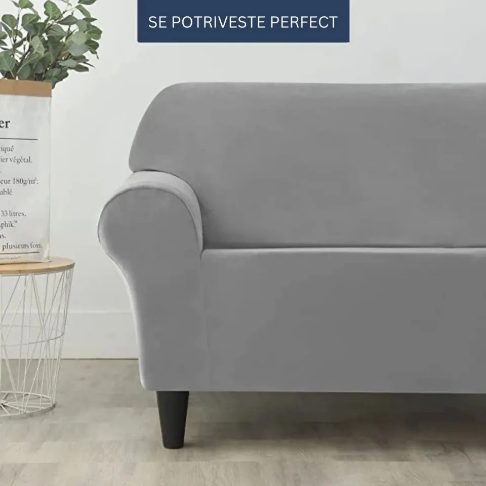 Set huse elastice din catifea pentru canapea 3 locuri + 2 fotolii, cu brate, gri deschis, HCCJS-09