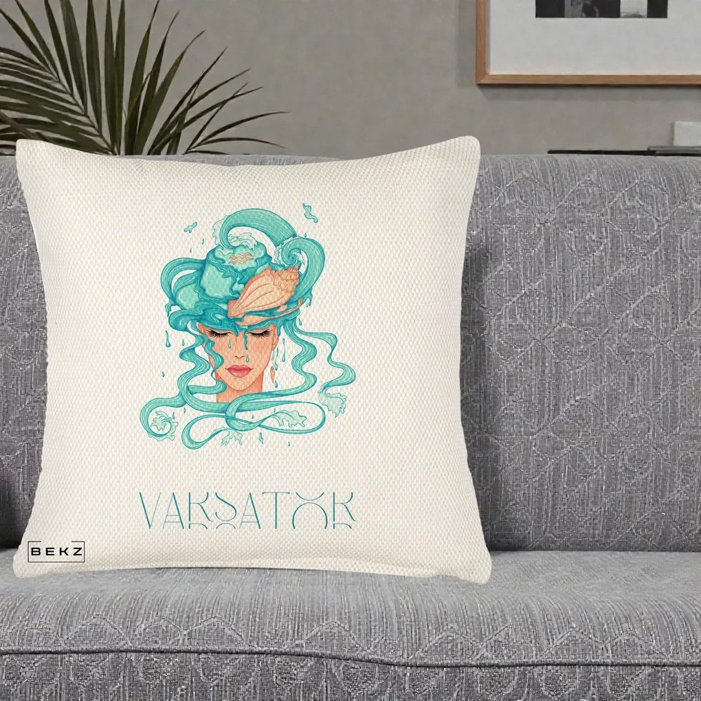 Perna Personalizata Zodiac Varsator Cowgirl, 40x40 cm, Crem Reliefat, Husa Detasabila, Perna Inclusa, BEKZ®
