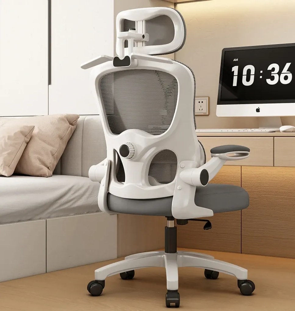 RESIGILAT- Scaun ergonomic cu suport lombar dinamic, tetieră 4D, cotiere rabatabile, Alb/Gri