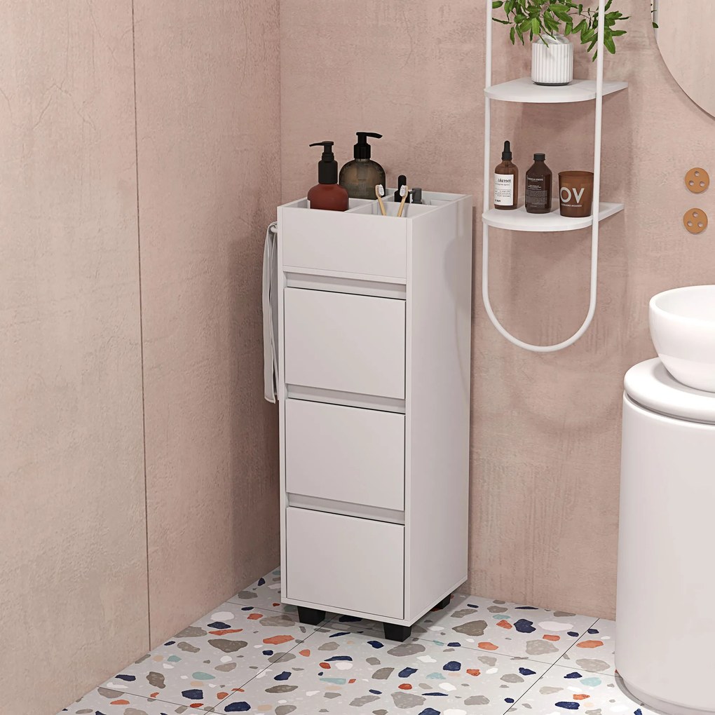 HOMCOM Mobilier de depozitare pentru baie cu 4 compartimente, 3 sertare și suport pentru prosoape, dim. 35 x 30 x 90 cm, alb | Aosom Romania